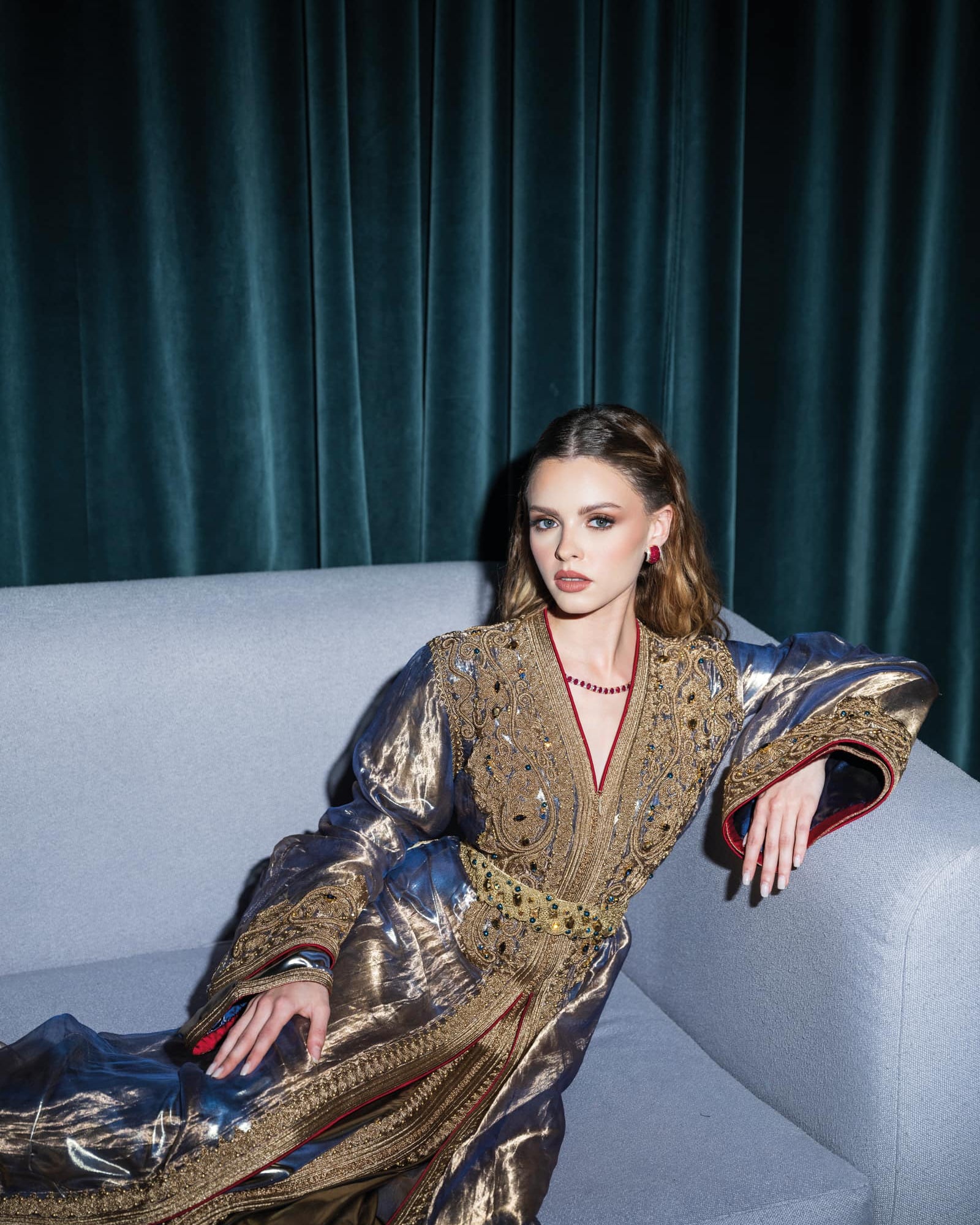 Blue gold Moroccan kaftan with metallic fabric and ornate embroidery detail