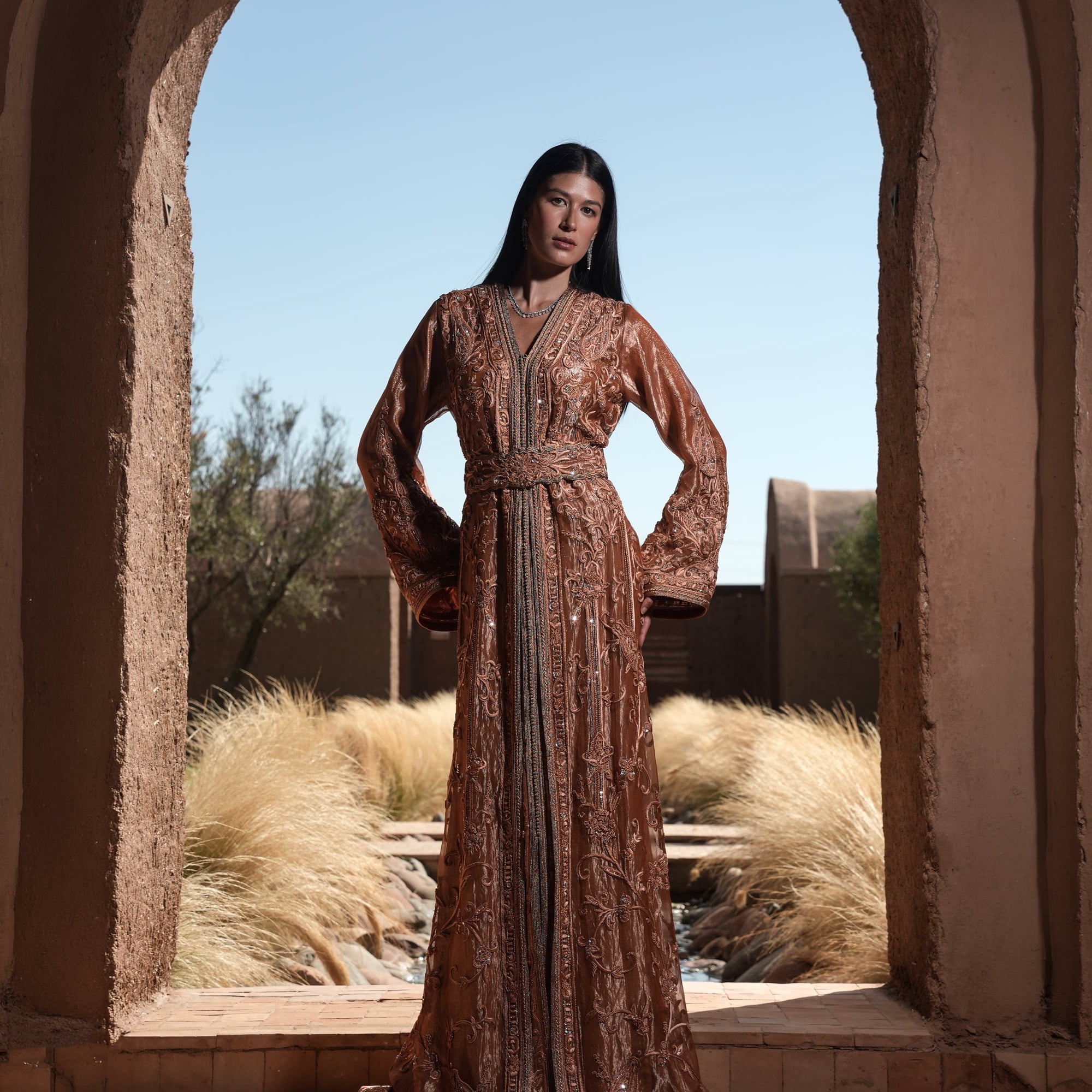 Copper Solstice devoré copper velvet Moroccan kaftan with tone-on-tone embroidery, full-length view