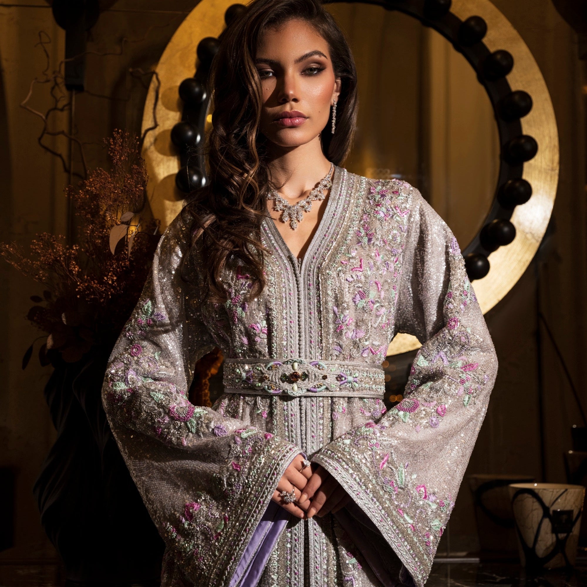 Silver Lilac Moroccan kaftan with pastel floral embroidery and belted waist