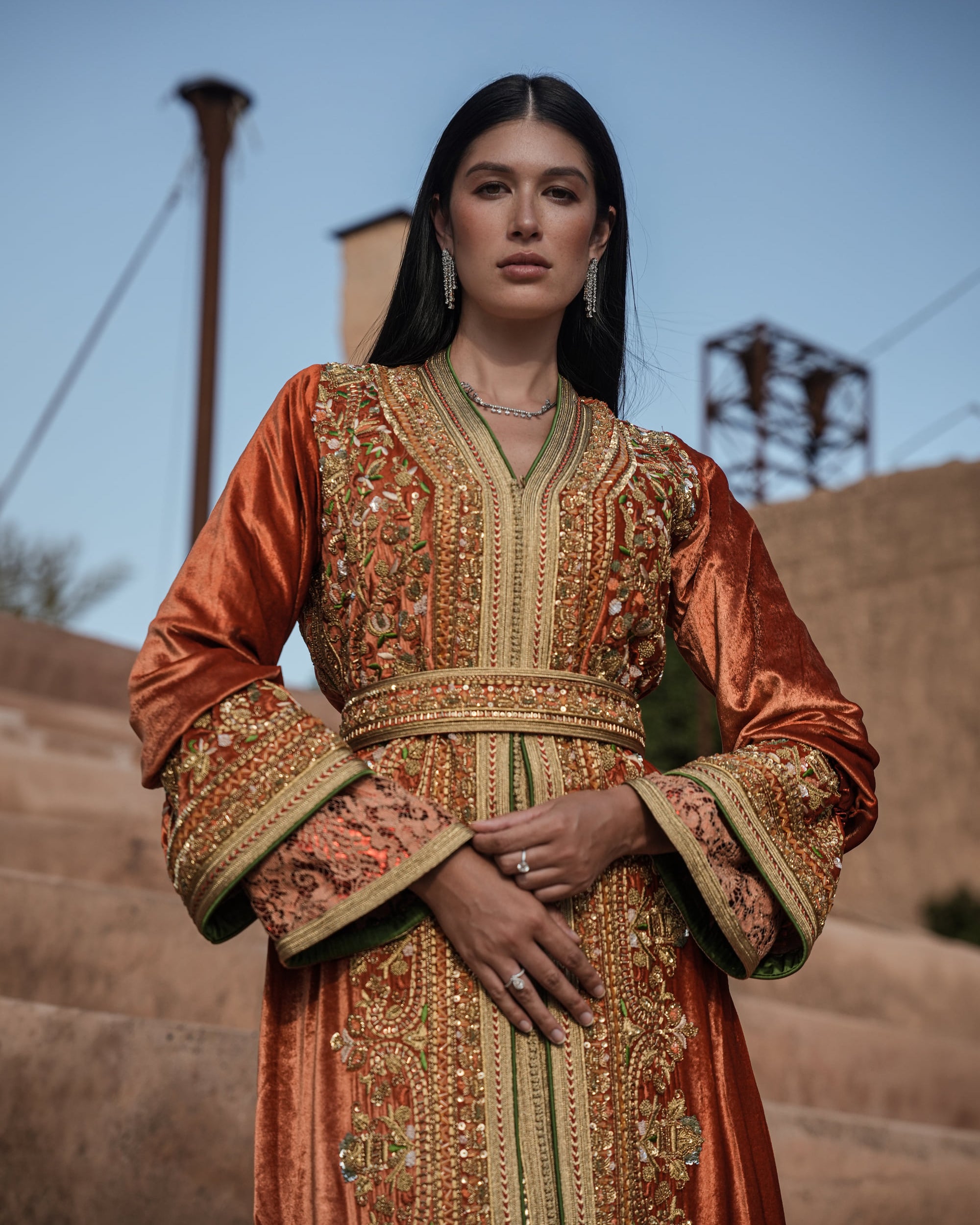 Terracotta Zenith rust velvet Moroccan kaftan with gold and green embroidery