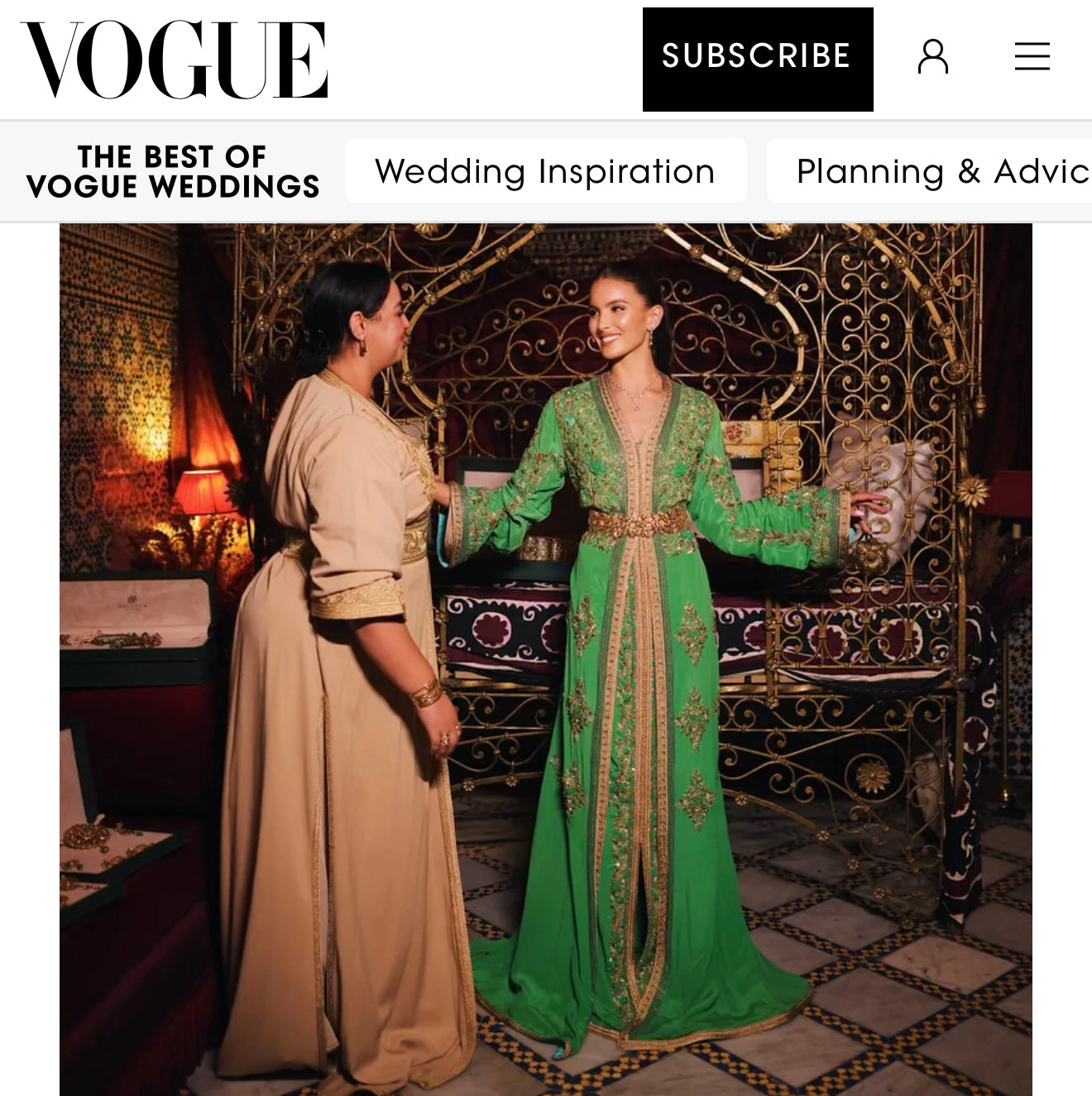 Green Moroccan couture caftan by Bouchra Filali Lahlou featured in Vogue Arabia at Nina Aliassime’s wedding.