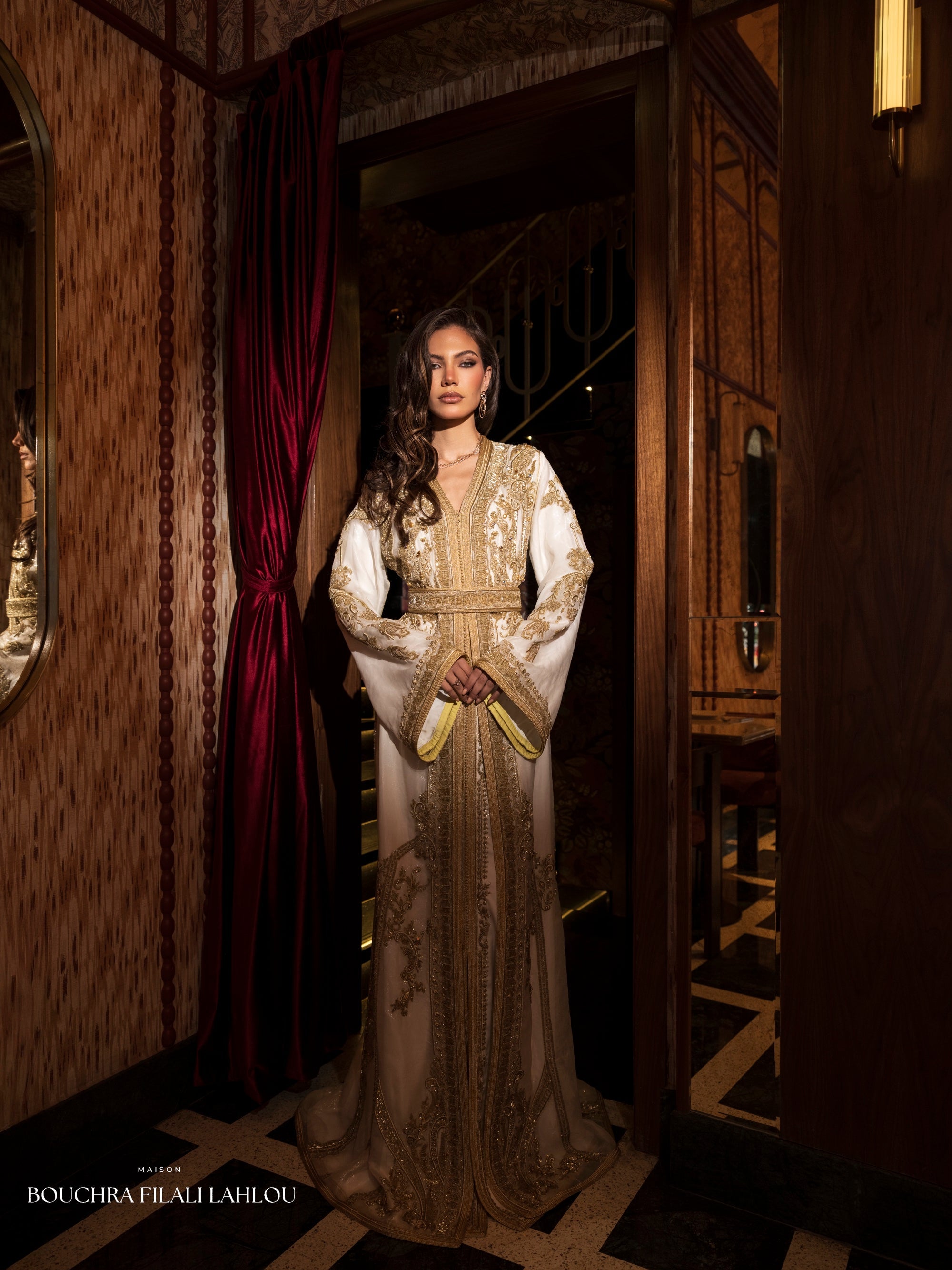 Ivory Meridian Moroccan kaftan with gold embroidery, belted waist and wide sleeves